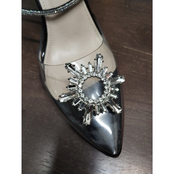 ZBY Women's Size 6.5 Clear Rhinestone Strappy Ankle Pointed Toe Block Heels - Picture 2 of 7